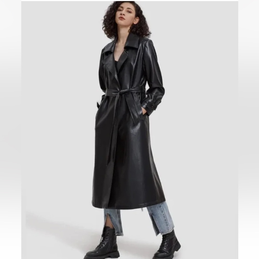NWOT LATTELIER Maxi Faux Leather Trench Coat in Dark Green Size L